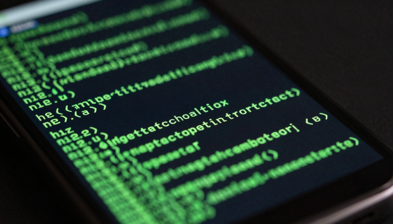 Macro close-up of a physical Android device screen in a dark studio, displaying high-contrast green terminal code reflections, cool-toned ambient screen glow, sharp geometric lines.