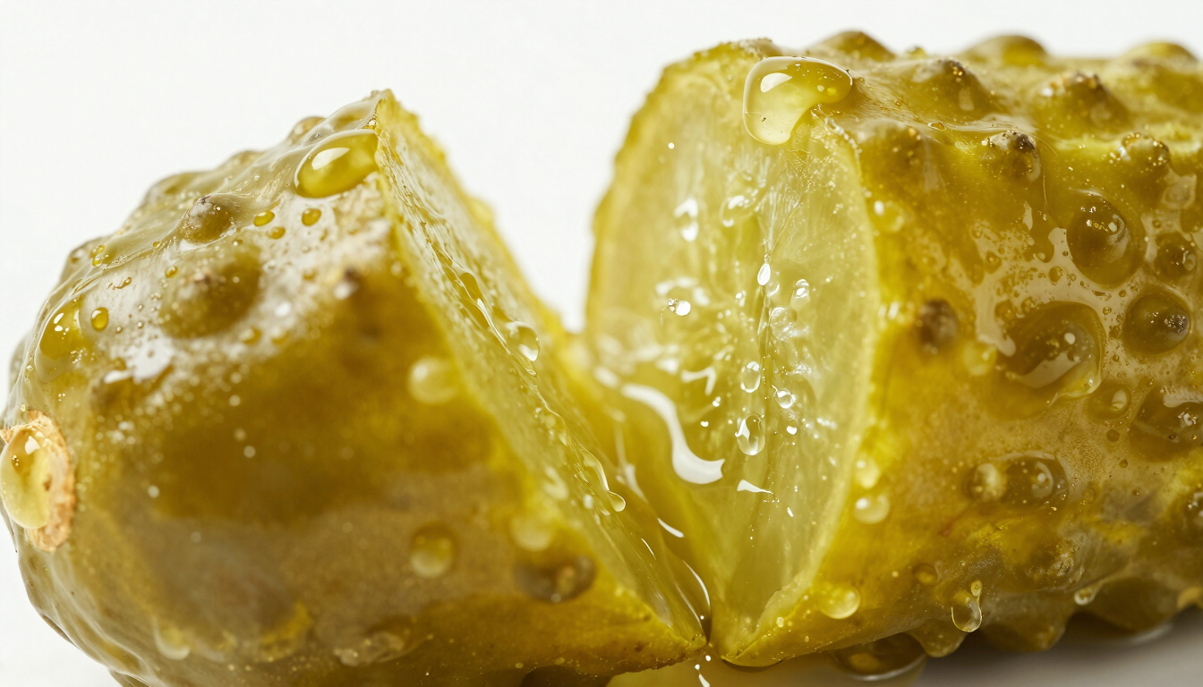 Extreme macro close-up of a premium pickle being snapped cleanly in half, glistening juice droplets flying, bright high-key lighting, vibrant green tones.