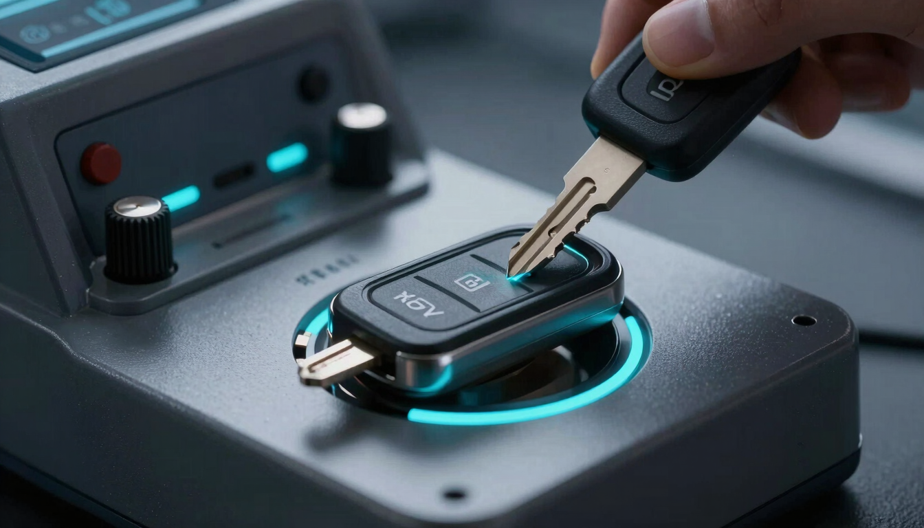 Extreme close-up of a high-tech key programming machine cutting a smart car key transponder in a clean, dark laboratory, electric cyan highlights
