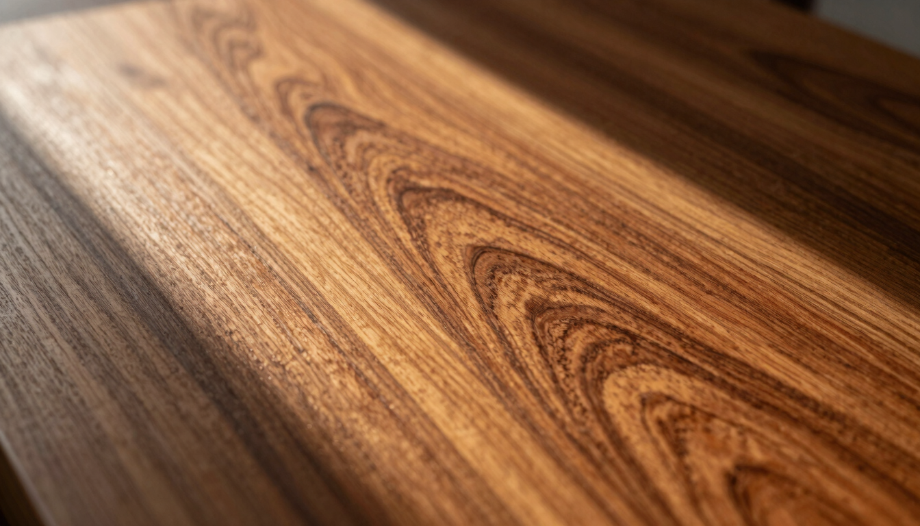 Close-up of premium kiln-dried mahogany wood grain, rich warm brown tones, soft golden sunlight casting long shadows across the textured surface, shallow depth of field, editorial 35mm photography.