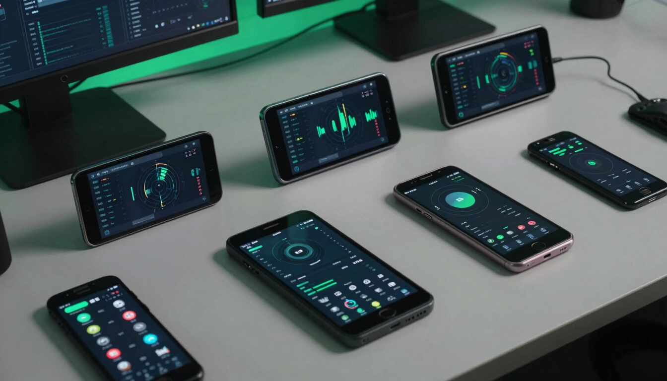 Overhead shot of a clean developer desk with multiple real Android test devices of varying sizes, glowing screens showing app performance graphs, low-key lighting with electric green accents