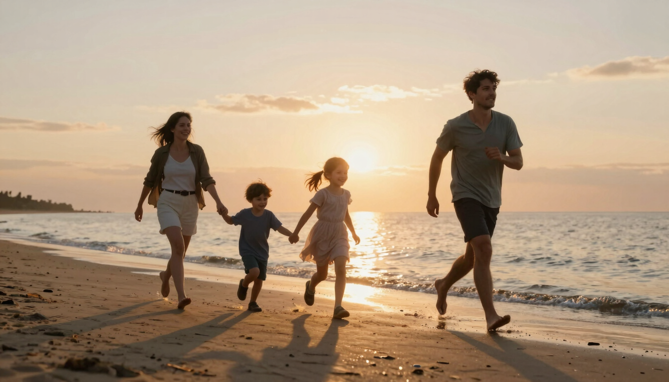 Plan large cinématographique d'une famille courant sur une plage de sable fin au coucher du soleil, reflets dorés sur l'eau, atmosphère chaleureuse.