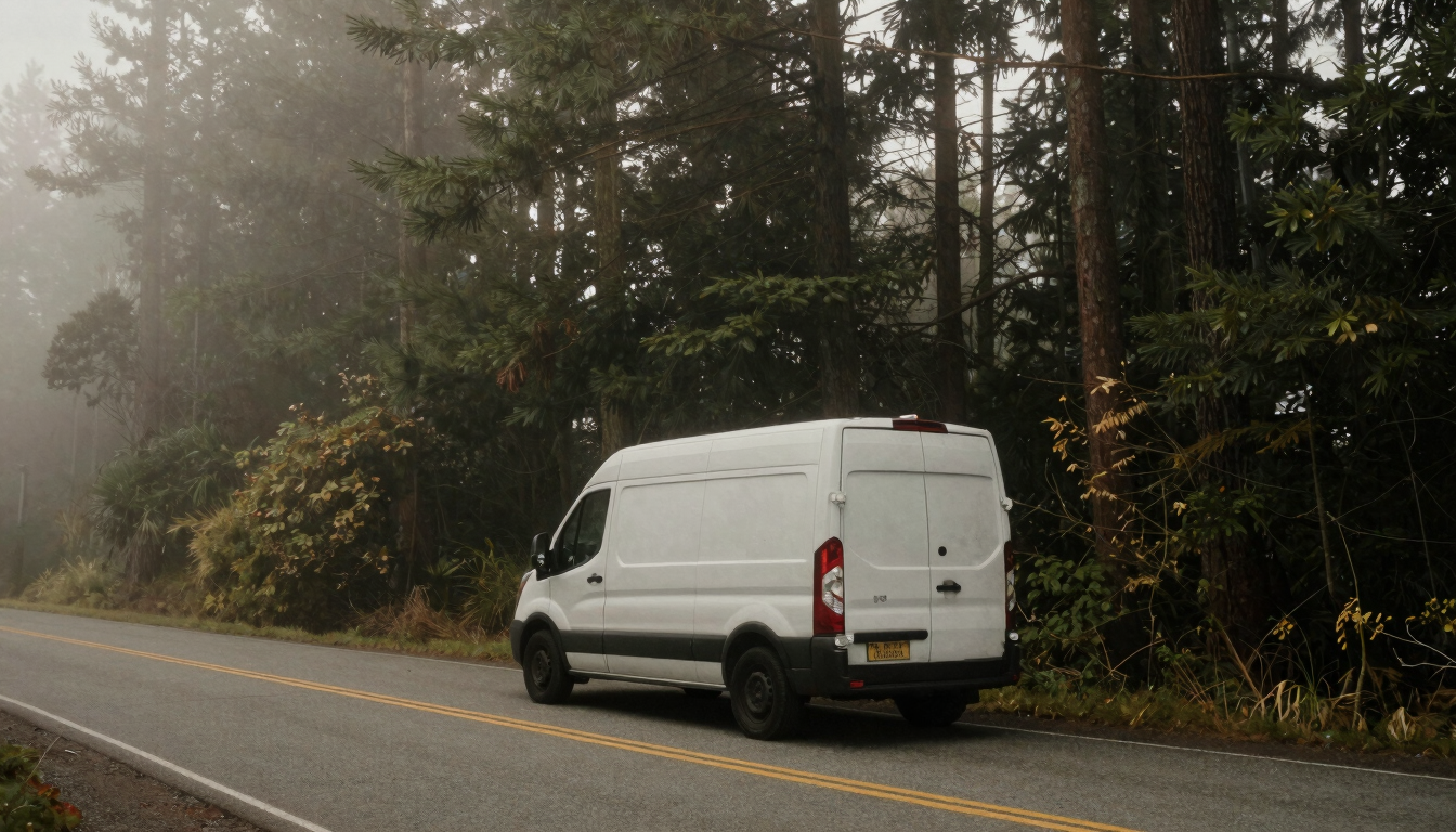 Wide environmental shot of a delivery van parked on a quiet, foggy morning road in the Pacific Northwest, tall pine trees shrouded in mist, desaturated earthy tones, moody film photography.