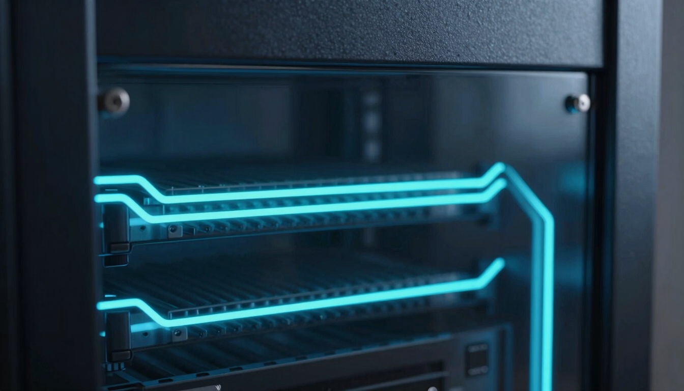 Macro shot of a modern glass server rack illuminated by sharp neon teal and electric blue data-flow lines, cool moody studio lighting, 35mm.