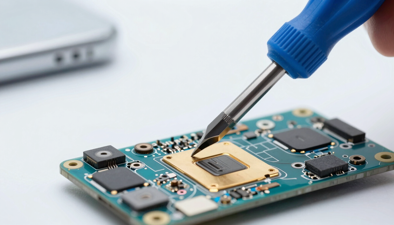 Macro shot of a high-precision screwdriver touching a gold-plated smartphone motherboard, bright clinical white light, shallow depth of field, blue accents.