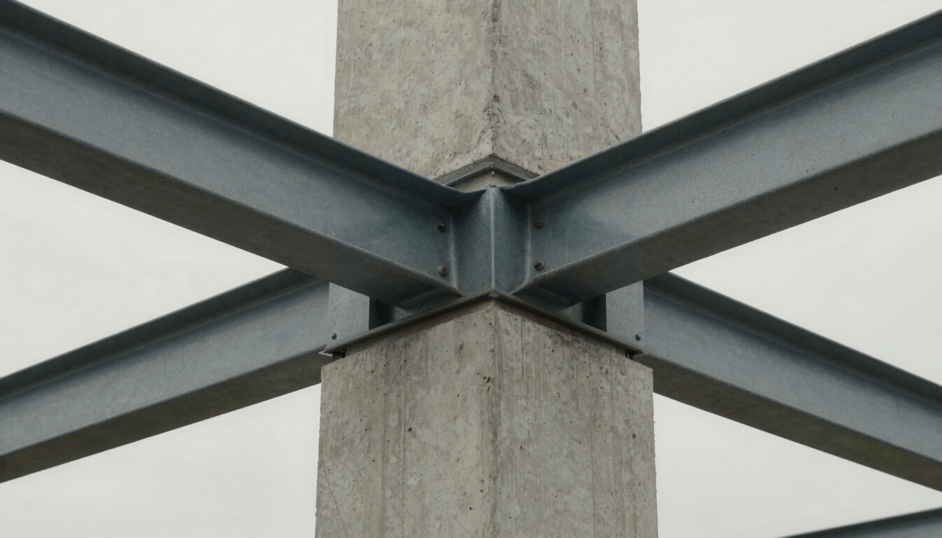 Extreme close-up of a structural concrete column intersecting with a minimalist steel frame, diffuse overcast daylight, high material fidelity.