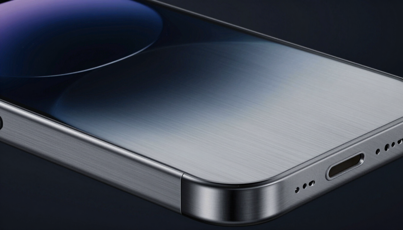 Macro close-up of a brushed titanium Apple-style hardware casing, subtle metallic reflections, cool diffused studio light, high-tech engineering concept