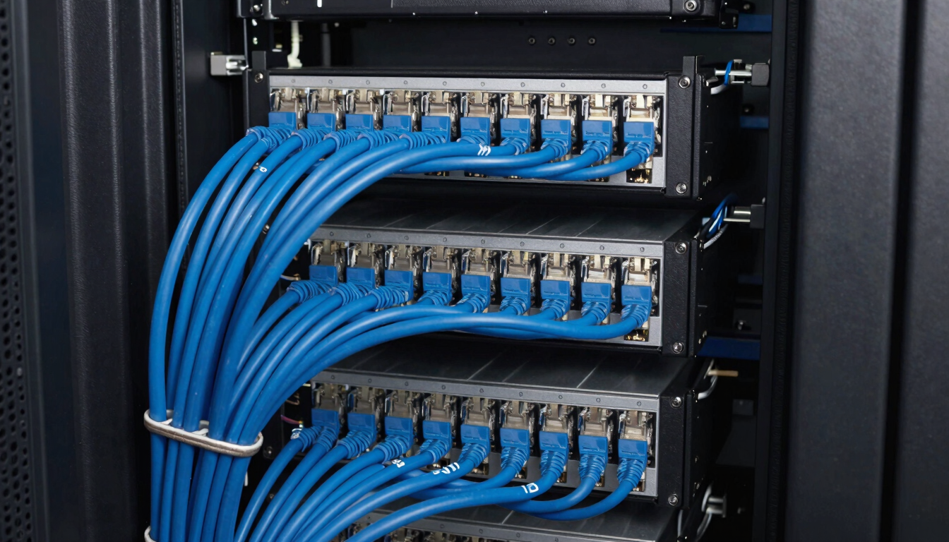 Close-up of an immaculate server rack, perfectly organized technical blue ethernet cables, clean cable management, sharp daylight