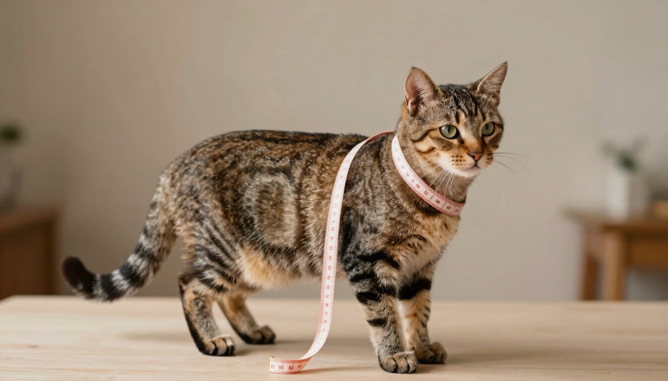Side view of a calm tabby cat standing on a neutral table, with a soft measuring tape gently showing the chest girth and back length, warm lighting, clean background.