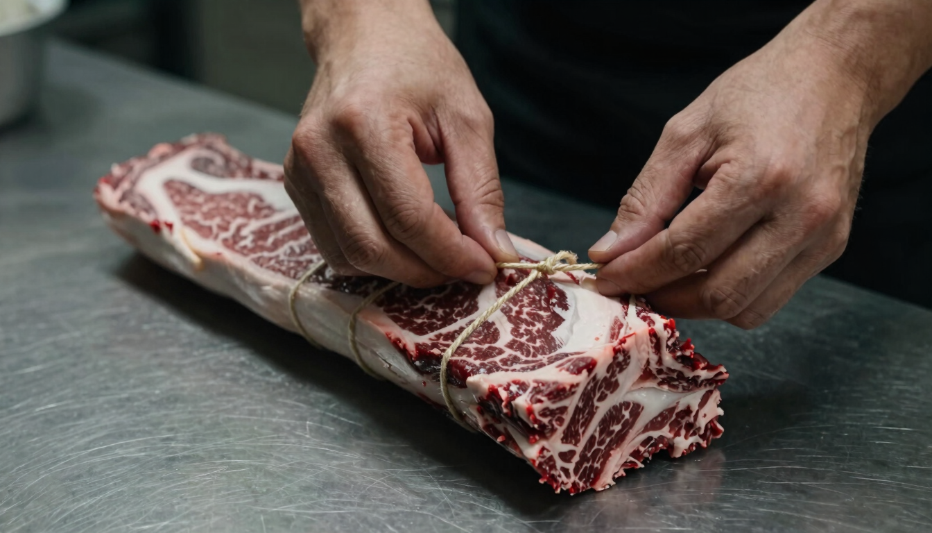Close-up macro shot of hands tying butcher's twine around a premium cut of marbled beef on a clean stainless steel table, moody side-lighting.