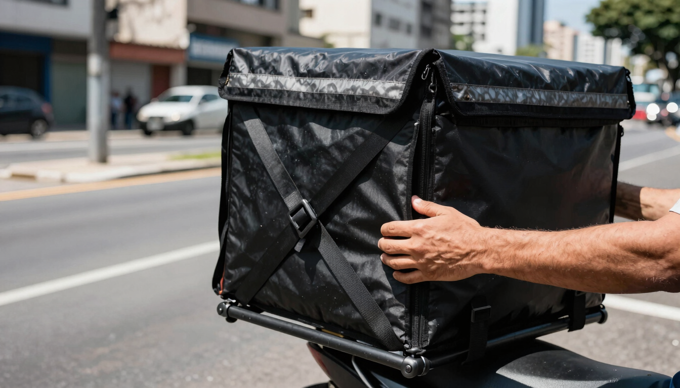 Close-up of hands securing a black delivery box on a motorcycle rack, high-contrast daylight, safety straps, gritty São Paulo street background.