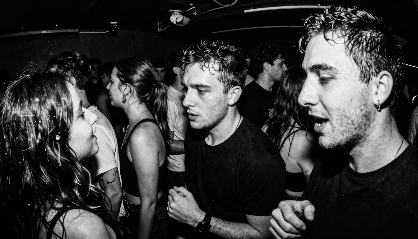 Gritty black and white flash photography of a crowded underground club basement, high contrast, heavy xerox grain, fisheye lens, sweat and raw energy.