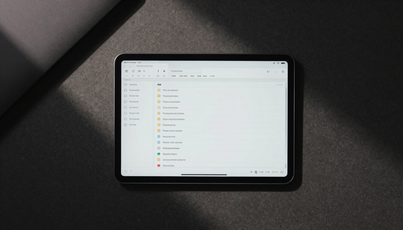 Top-down flat-lay of a dark minimalist workspace, a single Android tablet showing a file hierarchy pipeline, illuminated only by the screen glow, sharp geometric shadows.