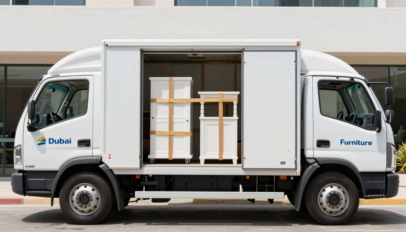 Side view of a clean, white E Dubai Furniture Movers truck with open doors, showing neatly organized and strapped furniture inside, bright daylight, professional corporate aesthetic, 35mm.