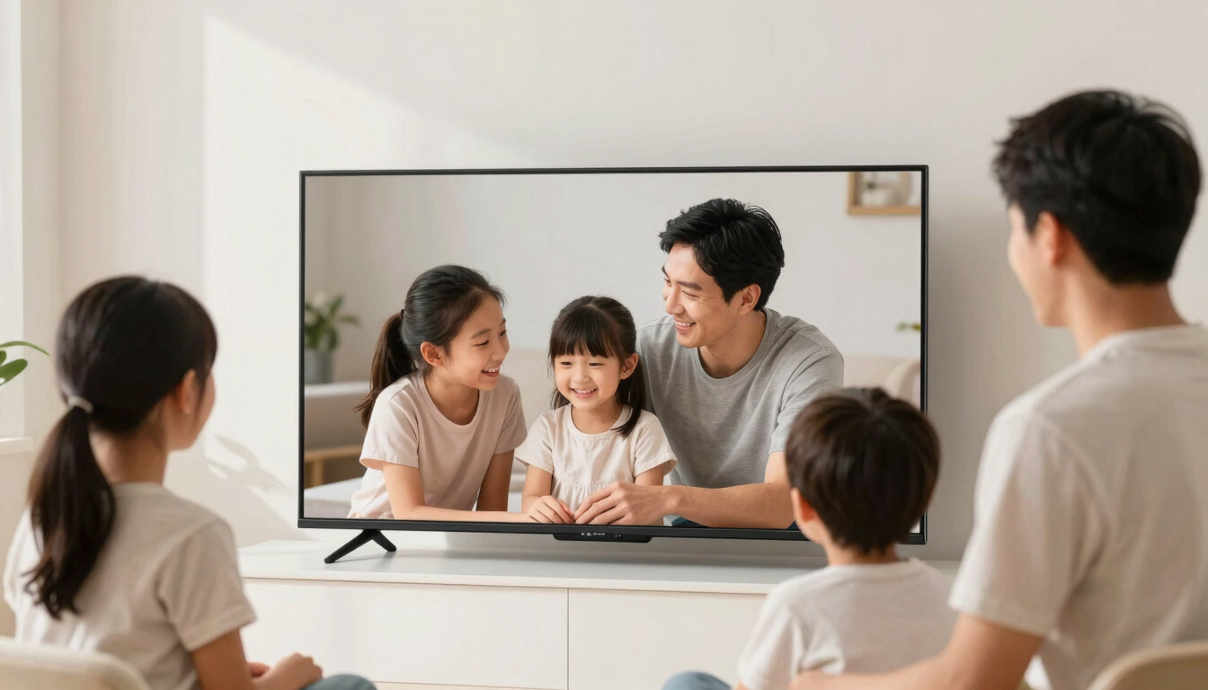 A happy family unboxing a new smart TV in their bright apartment, warm natural lighting, candid moment, crisp product details