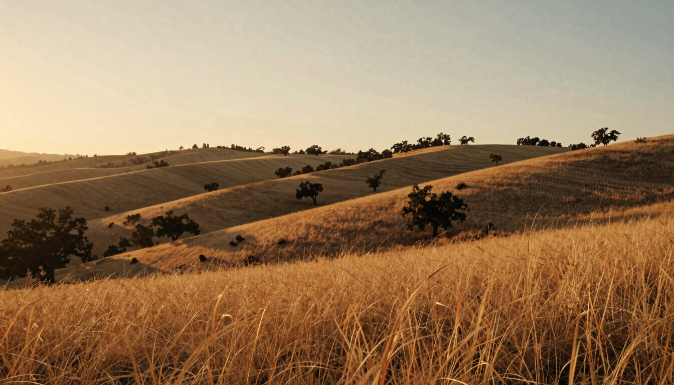 A wide panoramic shot of the Yucaipa foothills at sunset, soft golden grass, rolling oak-dotted hills, warm cinematic lighting, 35mm film style.