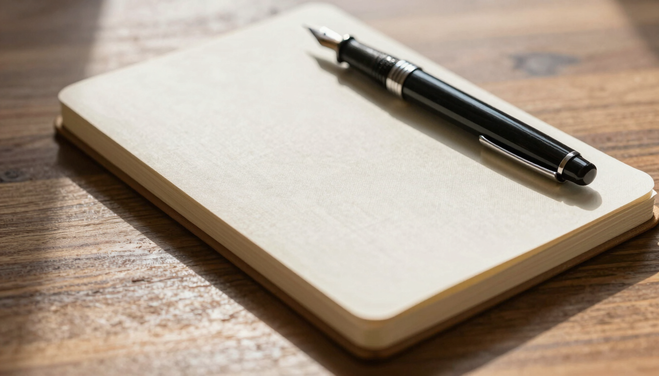 Close-up of a physical linen notebook and a fountain pen on a wooden table, soft morning light, clean shadows.