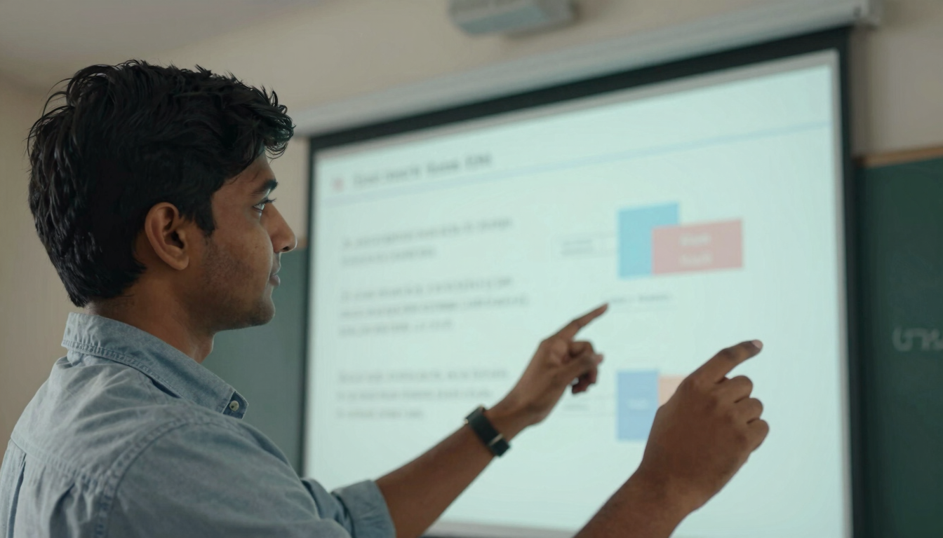 A close-up vertical shot of an Indian student confidently presenting a slide deck during a corporate simulation, modern classroom background.