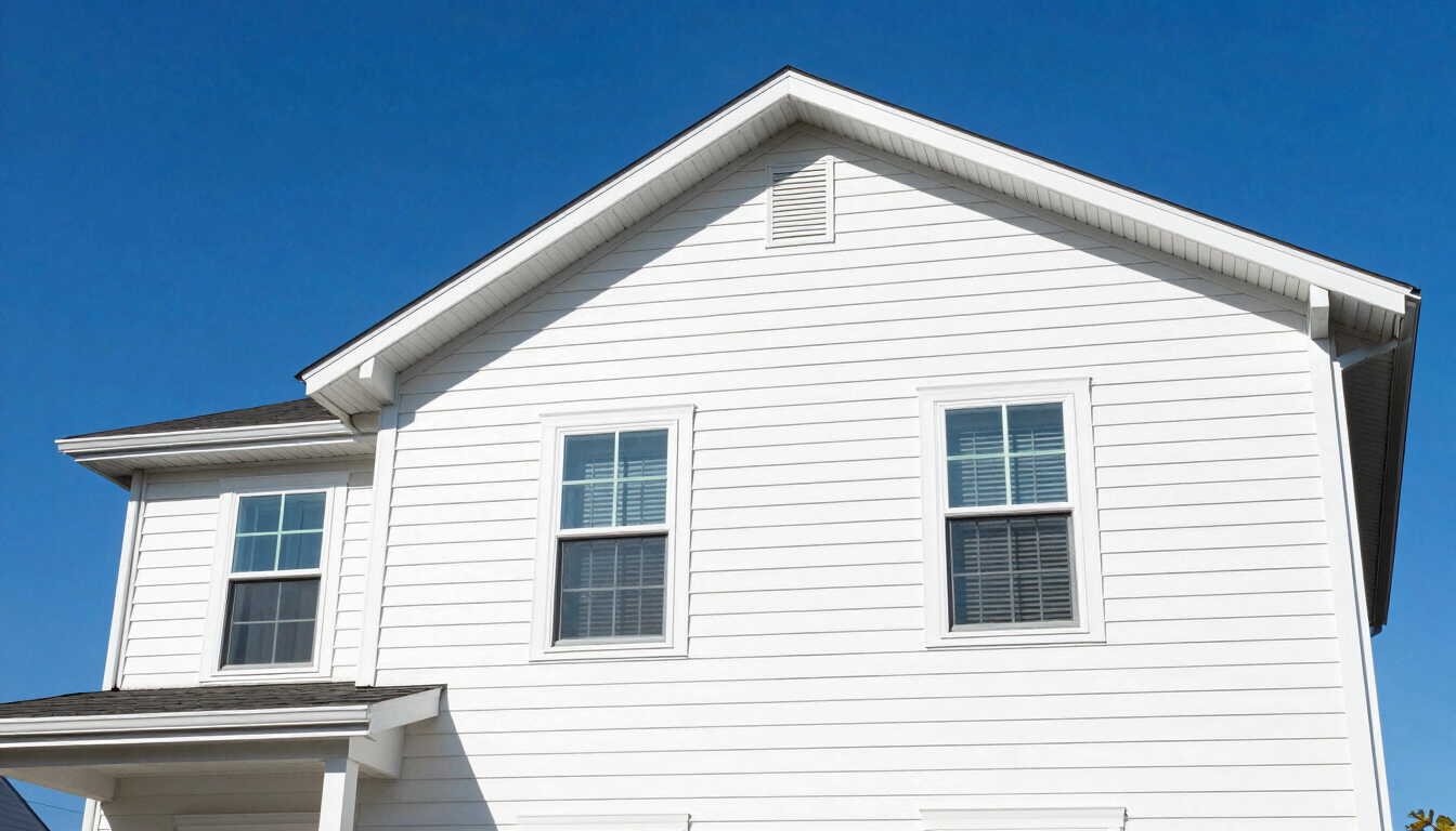 Low-angle hero shot of a beautiful clean suburban house under bright midday sunlight, vibrant blue sky, sparkling clean white vinyl siding, crisp focus, saturated color.
