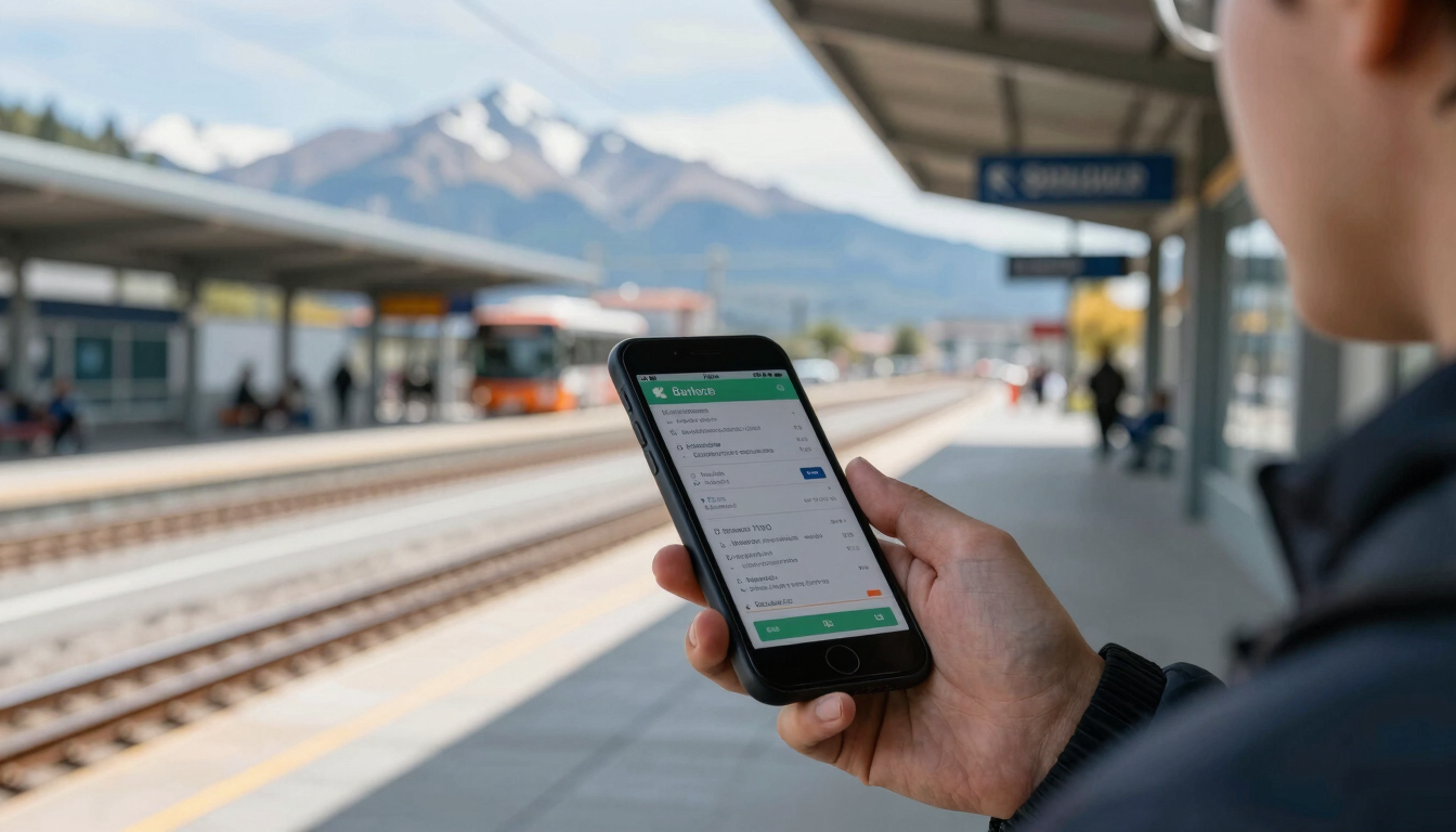 Close-up of a traveler holding a mobile boarding pass on a smartphone screen, clean bus platform of Bariloche terminal blurred in the background, cool alpine daylight