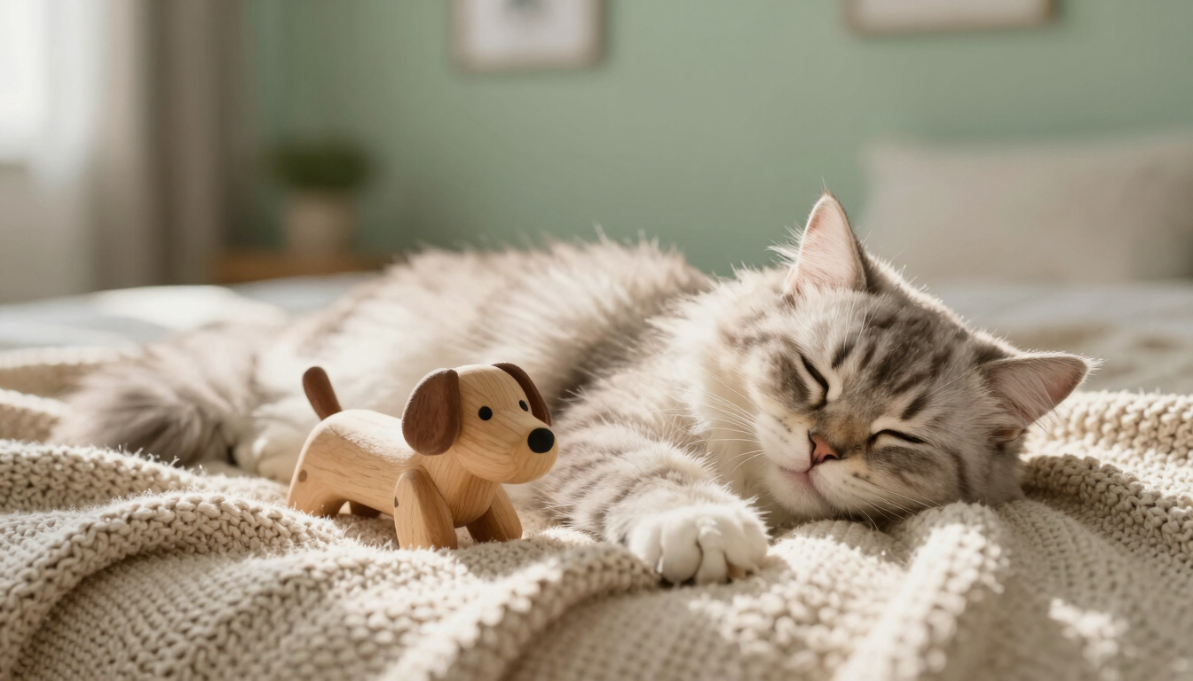 A happy fluffy cat sleeping on a soft beige knitted blanket next to a wooden dog toy, warm morning sunlight, cozy sage green room background, shallow depth of field.