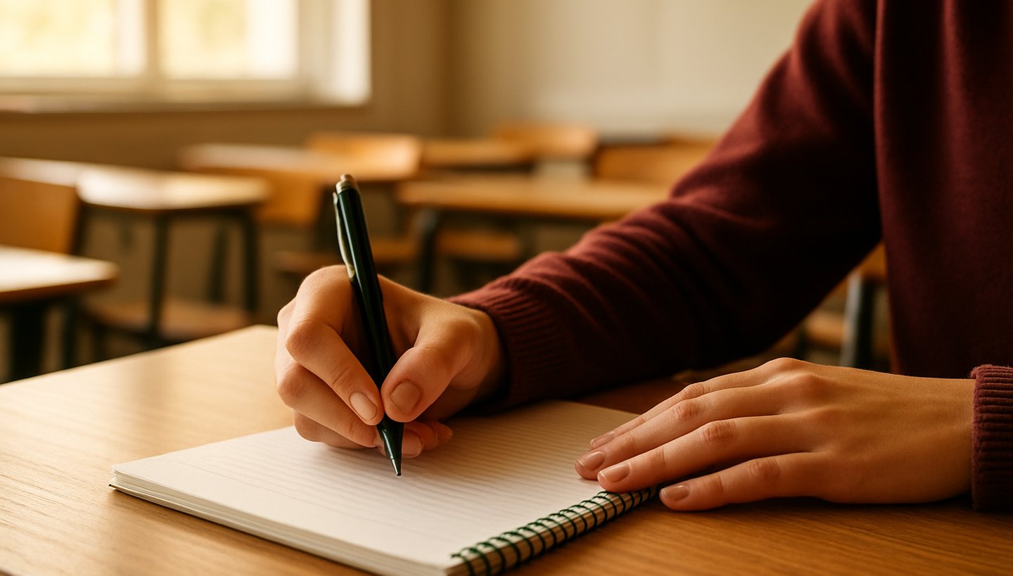 Close-up of hands writing notes on a wooden desk in a bright classroom simulation lab, warm natural window light, 35mm