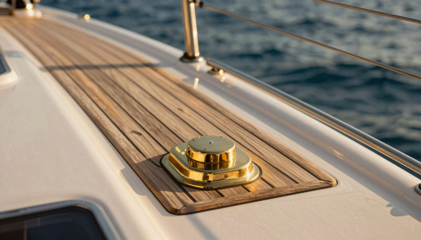 Close-up of a sun-drenched teak deck on a luxury catamaran, warm golden-hour light reflecting off polished brass fittings.