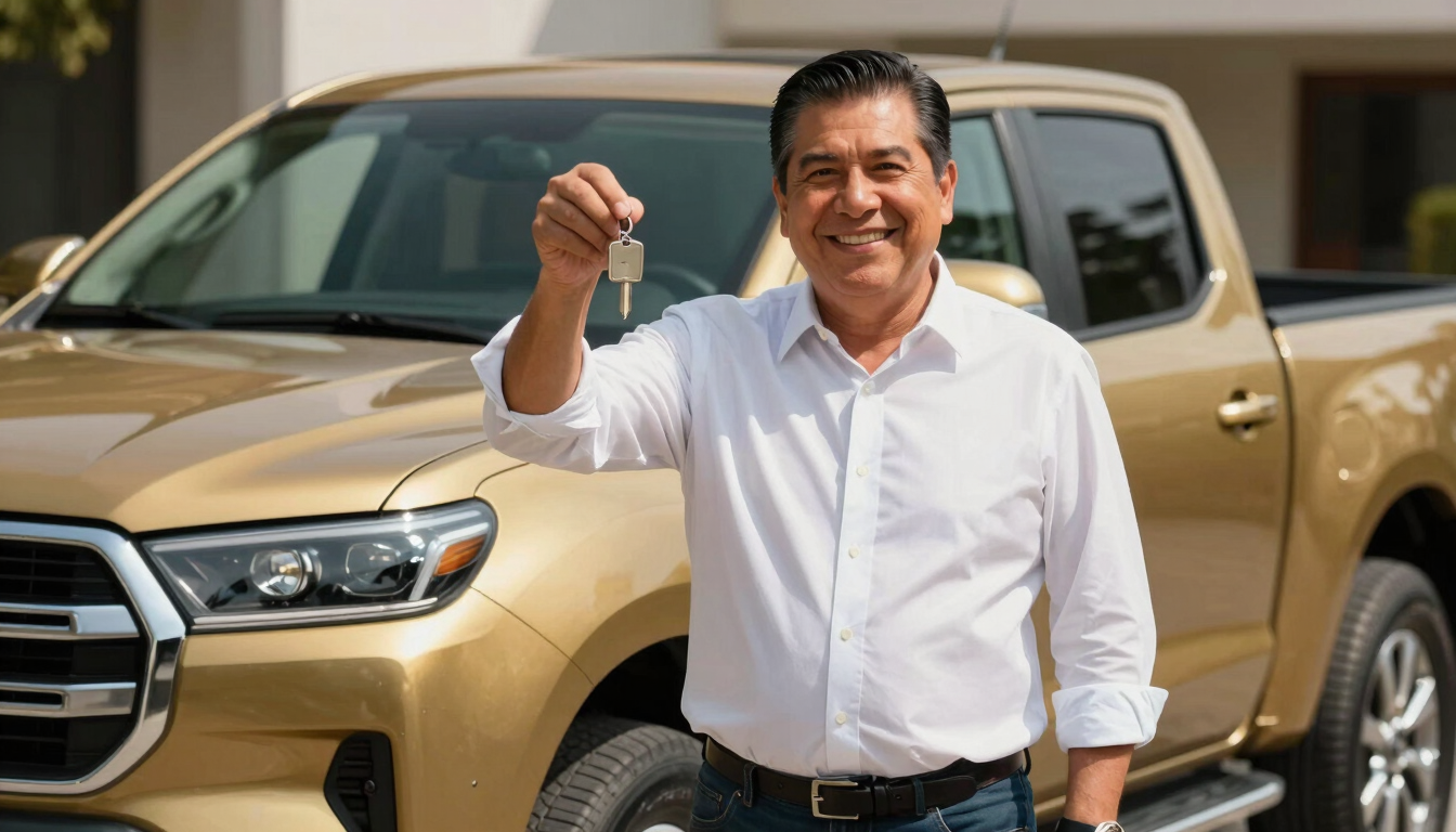 Plano medio de un ganador mexicano sonriente sosteniendo las llaves de su nueva camioneta pickup dorada, luz natural brillante de Monterrey, encuadre limpio
