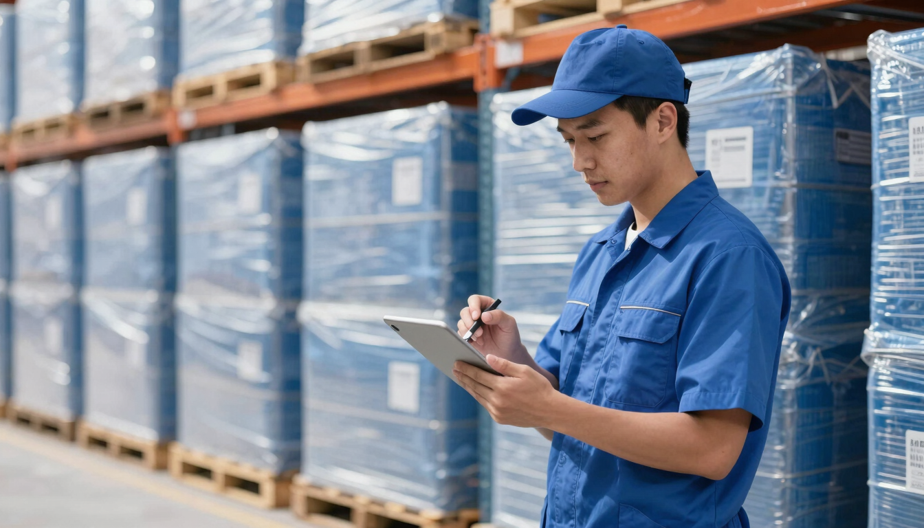 A warehouse worker using a digital tablet to scan a barcode on a neatly stacked pallet, bright natural daylight, clean organized setting