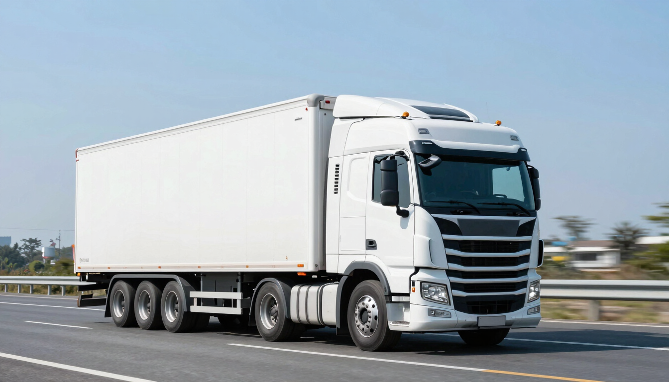 A clean modern semi-truck driving on an open highway under bright daylight, cool blue tones, crisp commercial photography