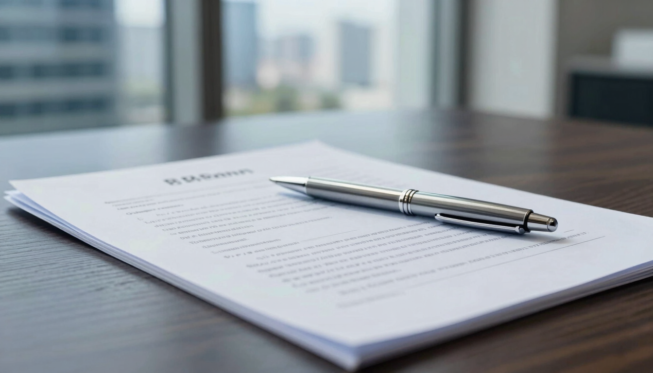 Close-up of signed legal documents on a dark wood table, structured silver pen, cool daylight from a modern office window, 35mm