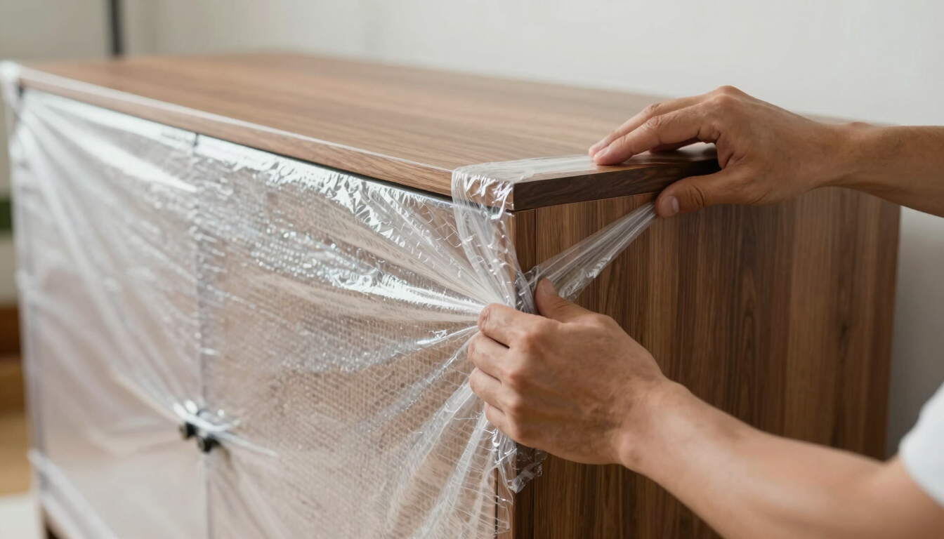 Close-up of professional movers wrapping the corner of a polished wooden cabinet in heavy-duty double-ply bubble wrap, clean hands, bright indoor lighting.