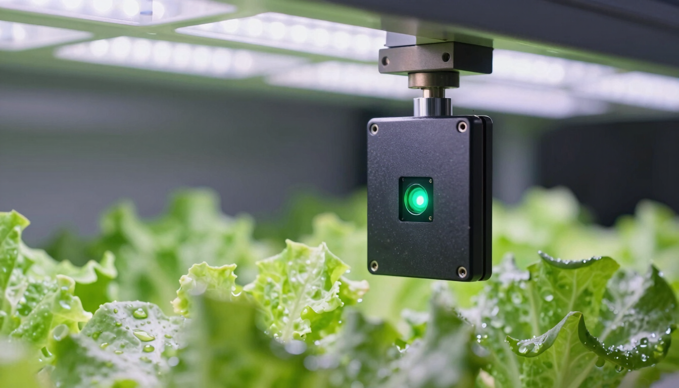 Macro shot of an Edge AI vision sensor encased in black industrial steel, mounted on a vertical farming rack, glowing green indicator light reflecting off crisp wet lettuce leaves, cool grow lights, 35mm.