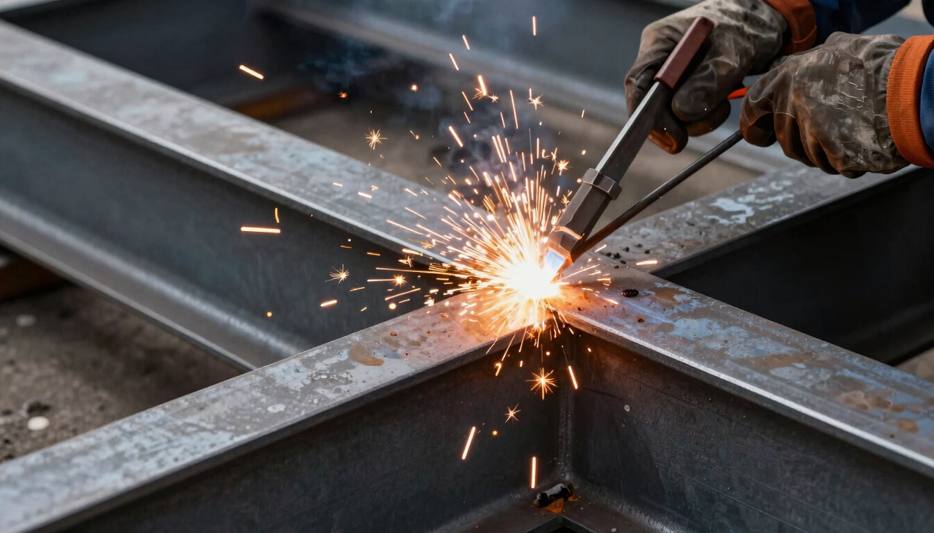 Close-up of industrial welding work on a heavy steel beam, bright orange sparks flying, dark metallic background, sharp focus, professional contracting photography