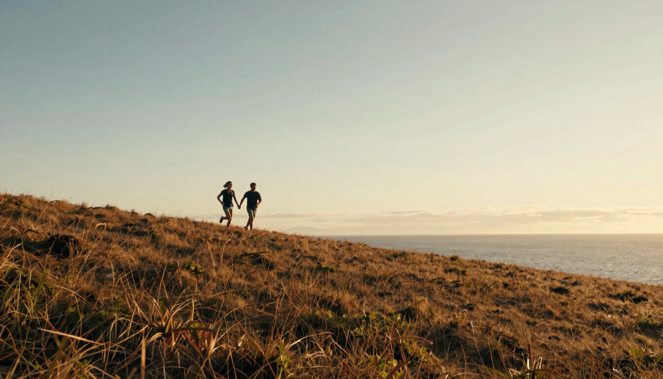 A wide panoramic coastal bluff at golden hour, a young couple running hand-in-hand in the distance, expansive sky, warm sun-drenched lighting.