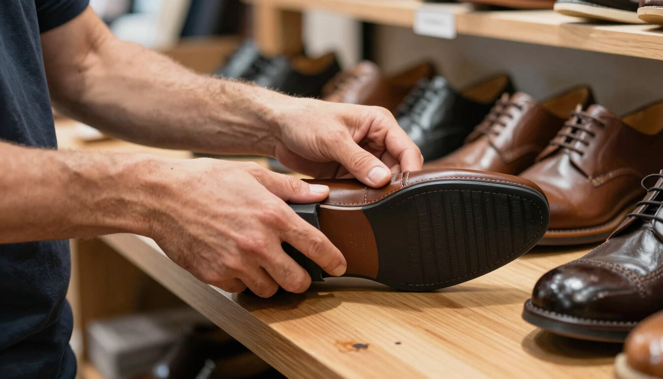 A close-up shot of a shopkeeper's hands inspecting the stitching and flexible rubber sole of a modern leather shoe at a wooden shop counter, bright natural market daylight
