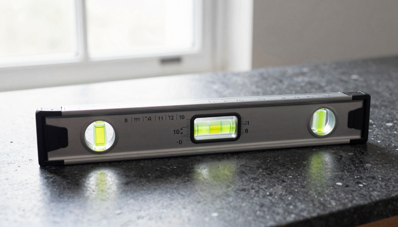 Close-up of a professional spirit level resting on a dark quartz worktop, showing absolute precision, natural light