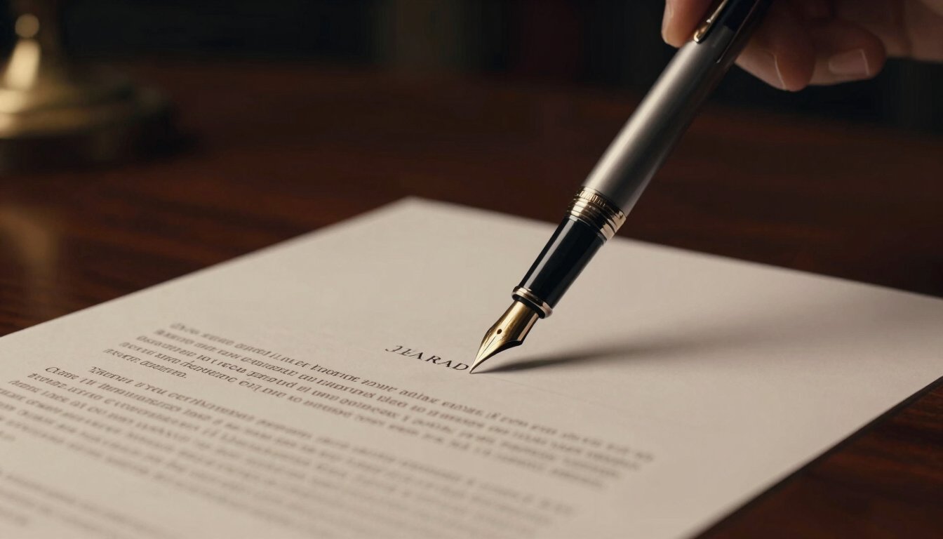 Macro shot of an elegant luxury fountain pen signing a structured legal document on a dark mahogany desk, warm side lighting, shallow depth of field, moody corporate atmosphere