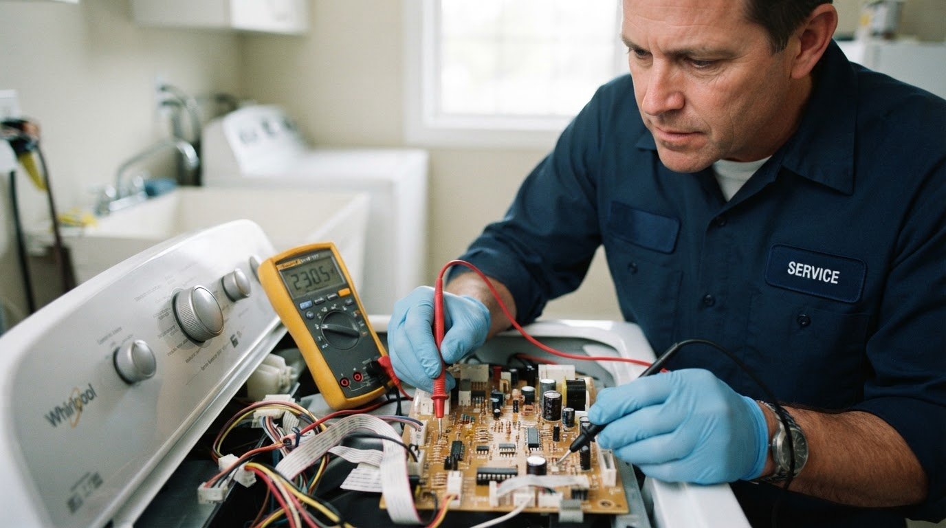 Close-up of a certified technician in a clean blue uniform using a digital multimeter to test a modern washing machine control board, bright natural indoor lighting, 35mm lens