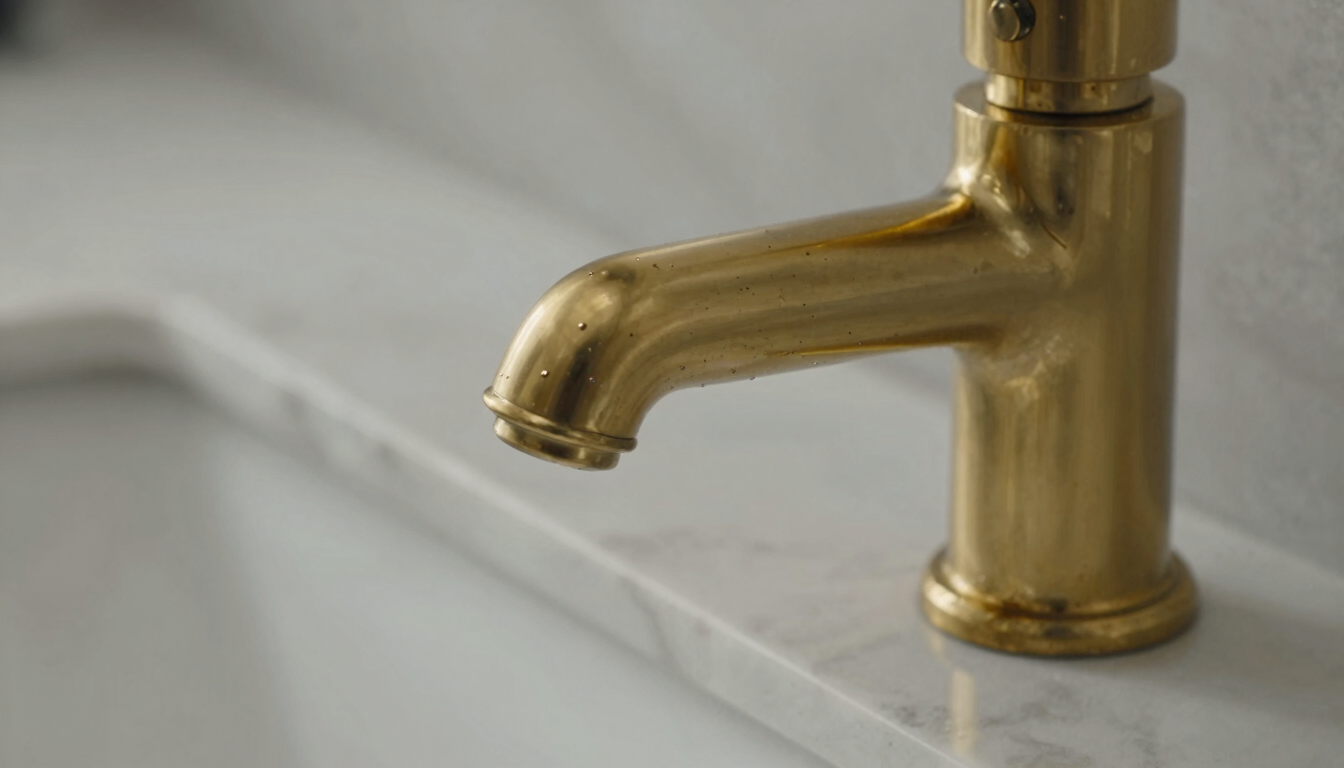 Macro detail of a pristine brass faucet and immaculate marble countertop, high-contrast side lighting highlighting the spotless, polished surface with zero water spots.