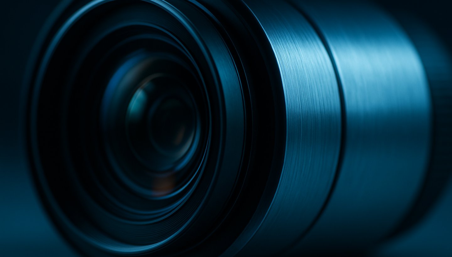 Macro close-up of a sleek camera lens reflection and brushed aluminum housing under cool blue studio lighting.