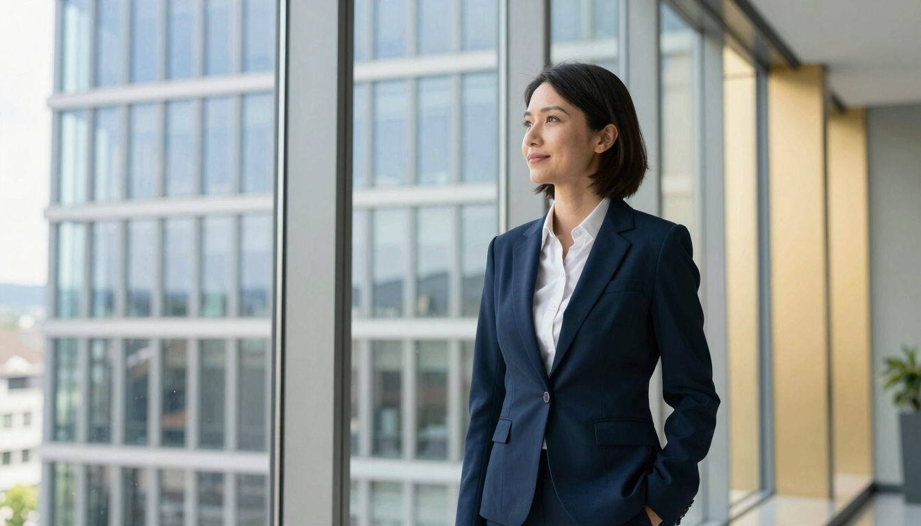 A confident professional global citizen looking out of a high-rise window in Zurich, soft natural side-light, editorial corporate portrait