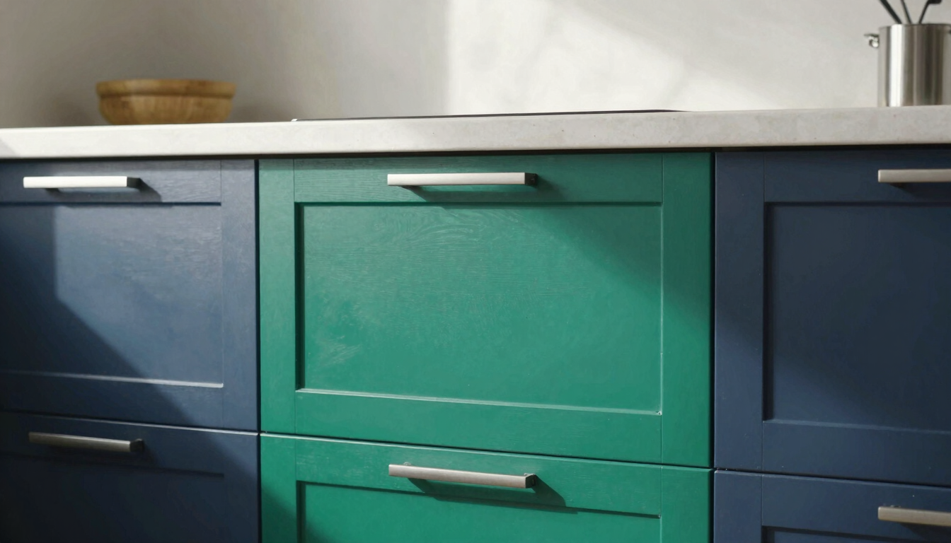 Close-up of a modern kitchen renovation with sharp emerald accents, clean lines, professional carpentry work, natural daylight