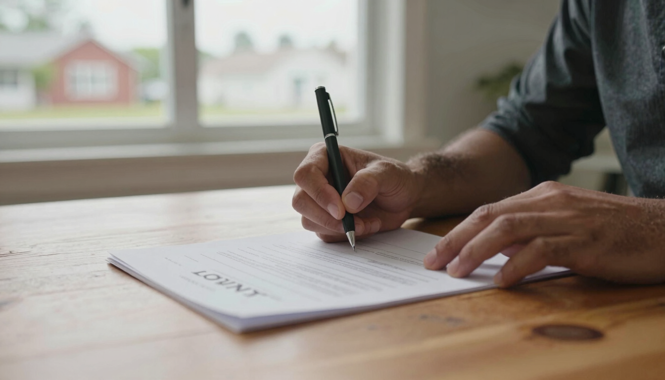 A close-up of hands calmly signing real estate paperwork on a warm wooden table, soft overcast window light, natural tones, documentary style
