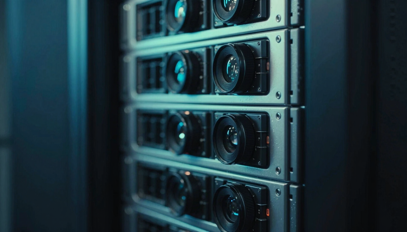 Macro photograph of server racks in a dark data center, sharp neon-blue and mint backlighting, high-contrast technical details, 35mm cinematic lens