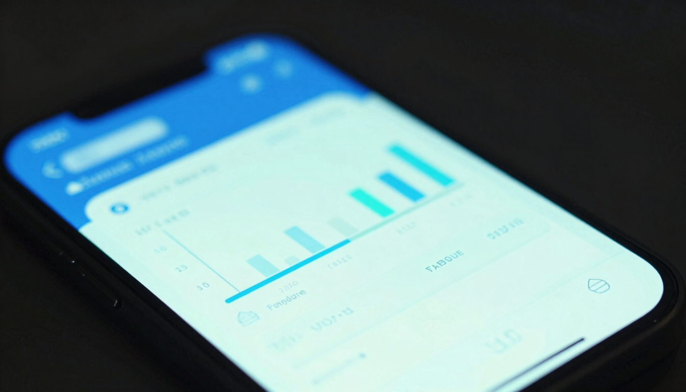 Macro photography of a sleek mobile interface showing fan dashboard analytics, moody dark-mode tech background, neon-blue backlighting
