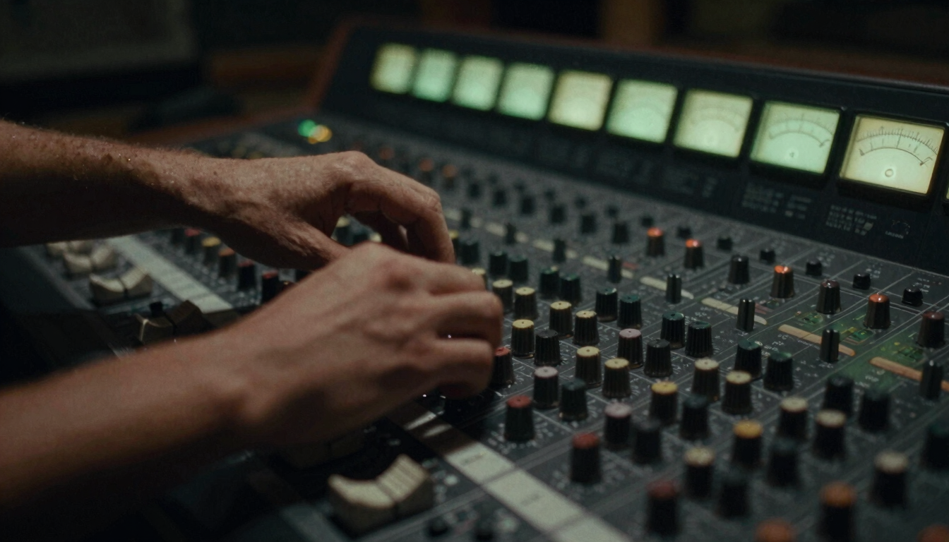 Moody close-up of hands adjusting dials on an analog mixing console in a dimly lit recording studio, soft green ambient light glowing from the level meters, 35mm film grain, high-contrast shadows
