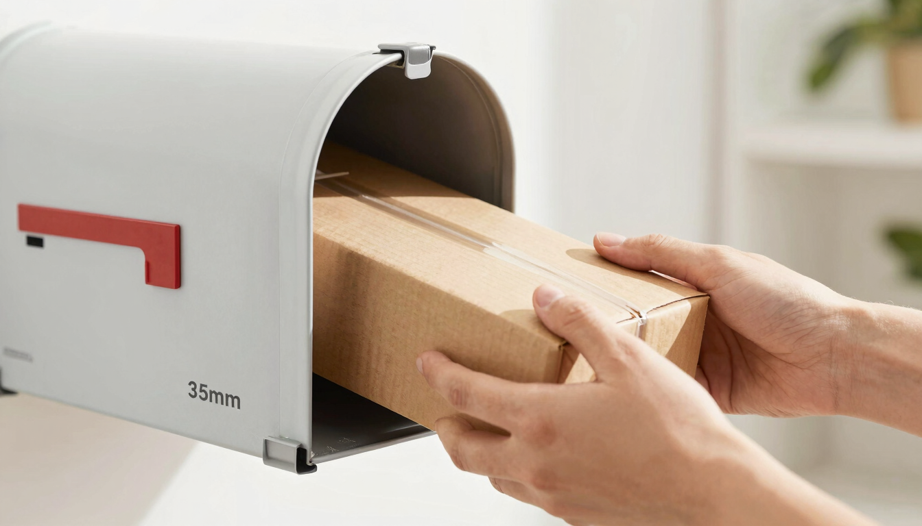 Close-up of a hand securely retrieving a package from a clean private mailbox, bright natural light, 35mm