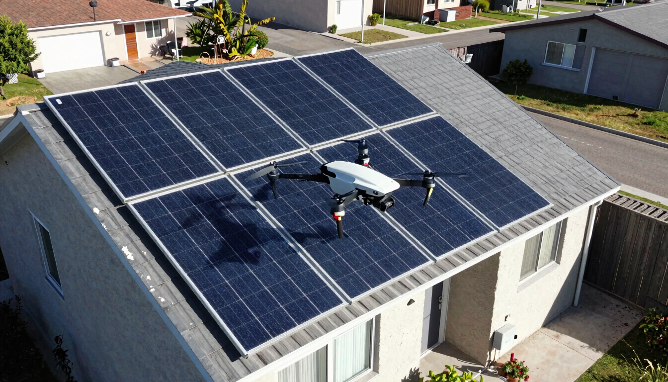 A professional drone pilot in Colonia Caroya operating a drone over a suburban house with solar panels, bright daylight, high-contrast blue and slate tones
