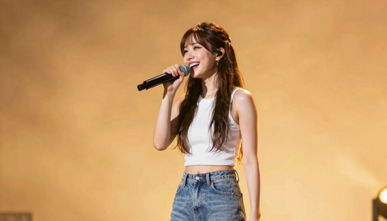 Energetic urban singer performing on a bright stage under warm golden spot lights, joyful expression, crisp medium format.